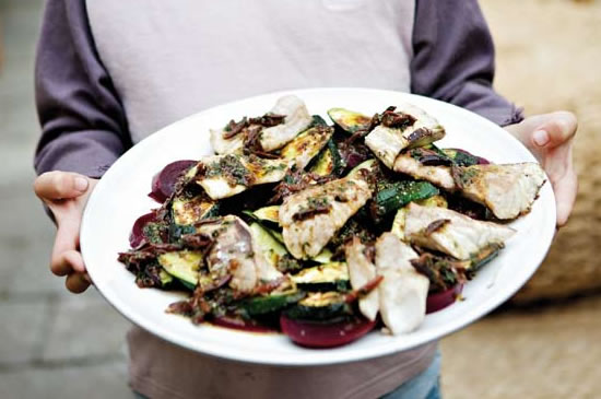 Fresh Kahawai with Chargrilled Zucchini, Beetroot & Black Olive Vinaigrette. Go Fish - Al Brown.